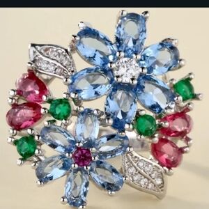 Silver Plated Flower Ring with Blue Pink Green CZs